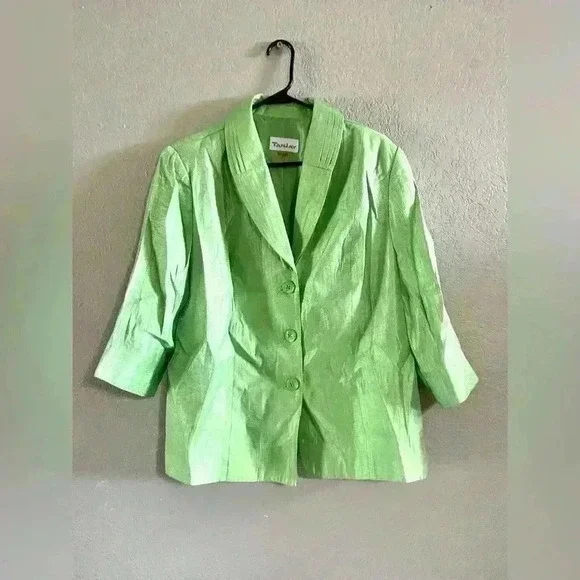 Tan Jay Jacket Lime Green Metallic Collared 3/4 Sleeve Buttons Lined Size 14 - Picture 1 of 9